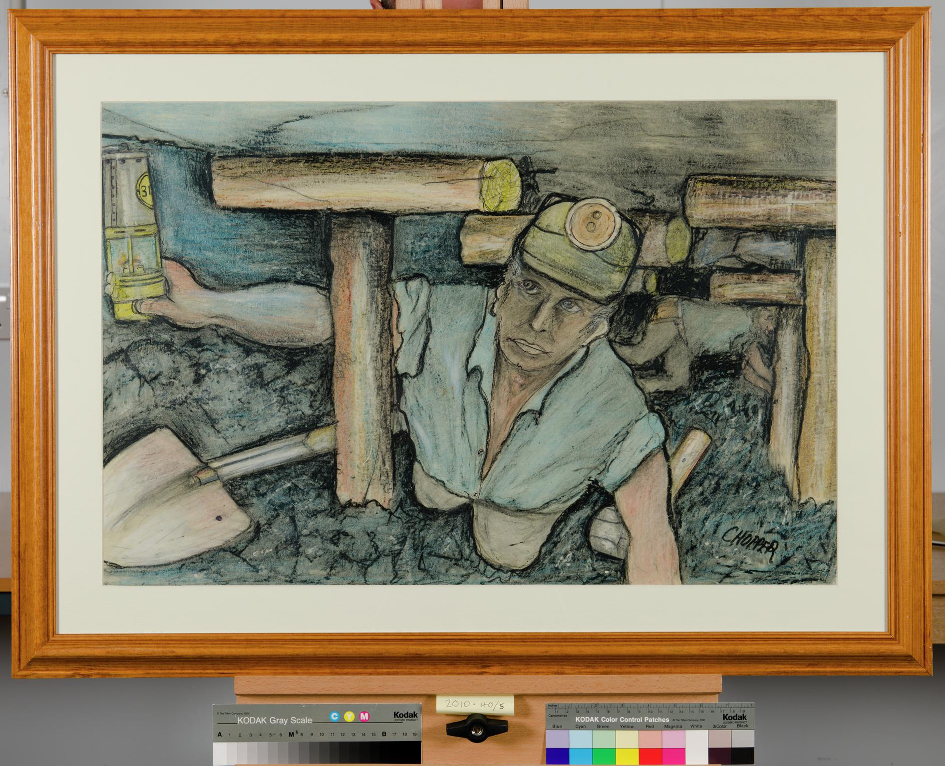 Miner testing for gas, drawing