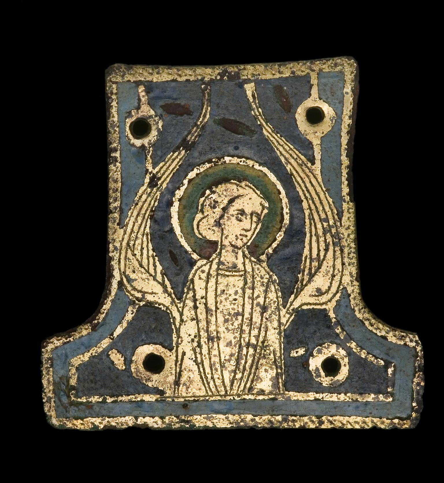 Medieval copper alloy plaque, enamelled