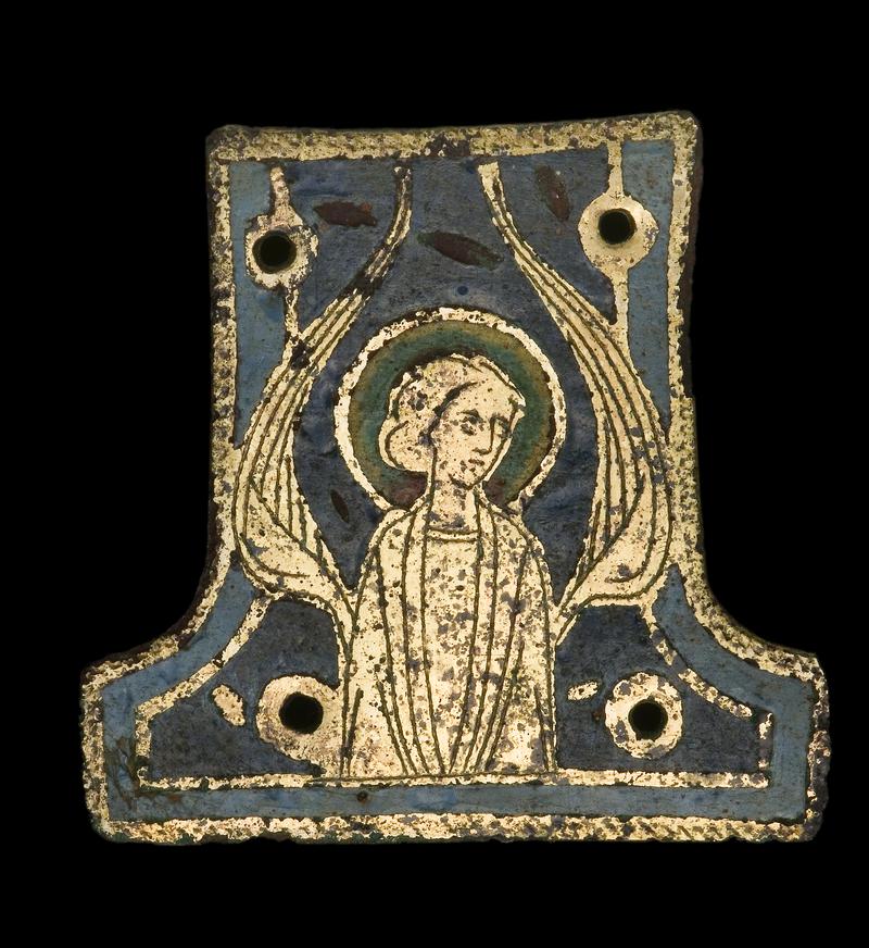 Medieval copper alloy plaque, enamelled