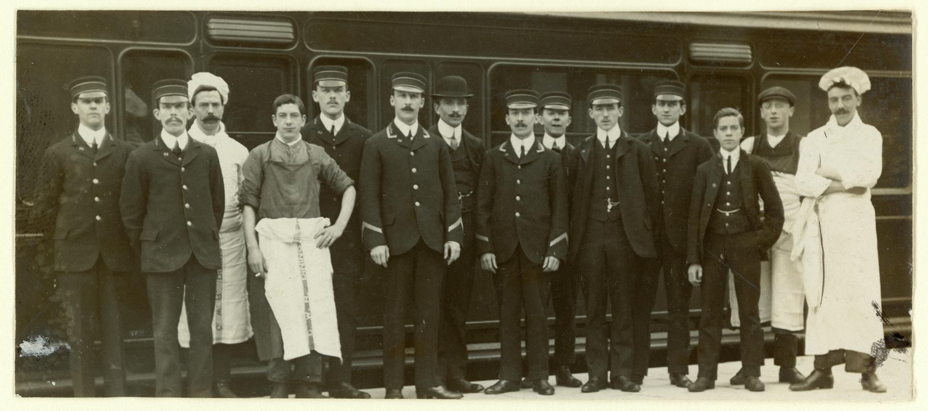 G.W.R. dining car staff from the Ocean Express, on the arrival of the R.M.S. LUSITANIA at Fishguard.