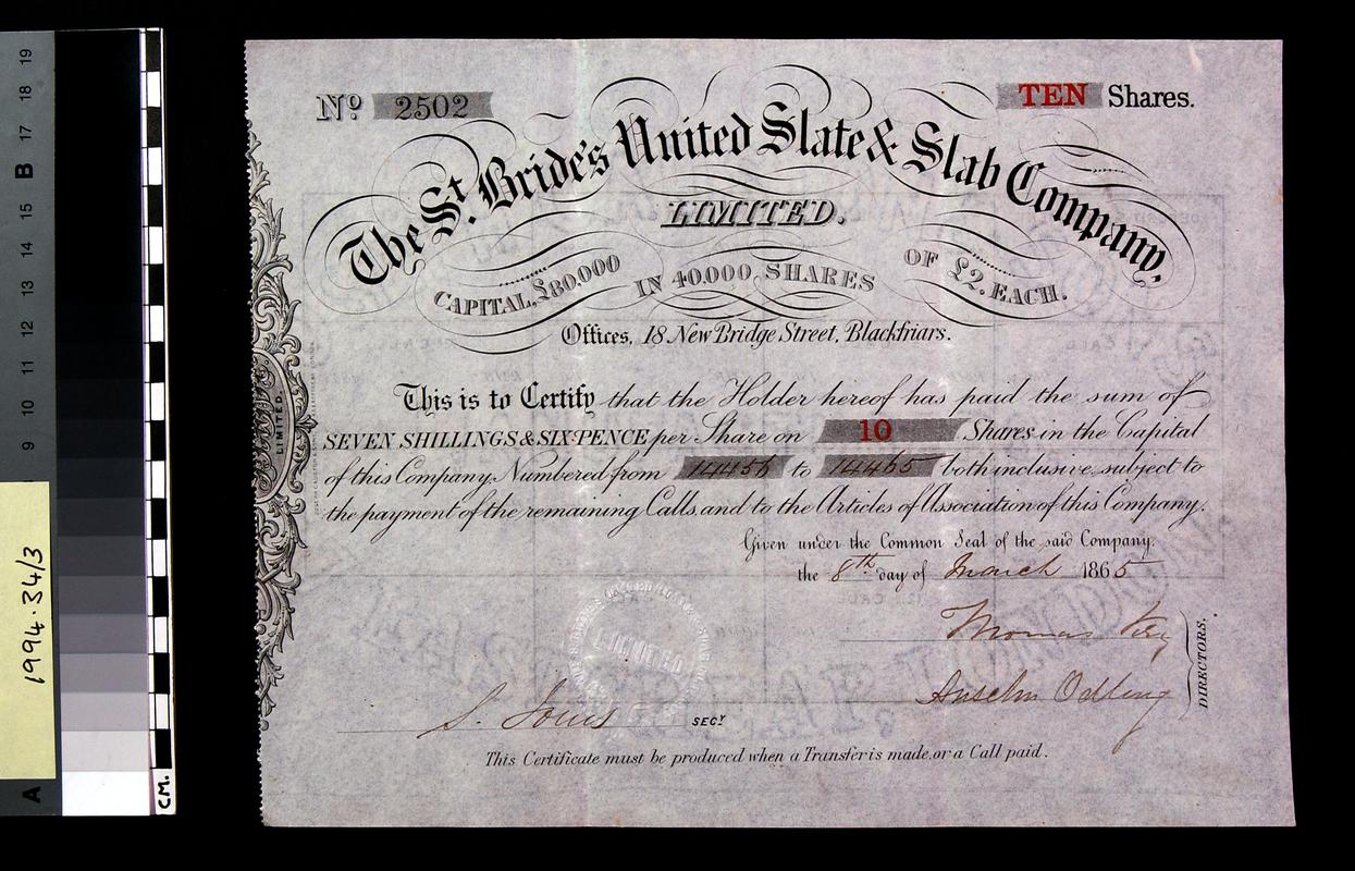 St. Bride&#039;s United Slate &amp; Slab Co.Ltd. share certificate