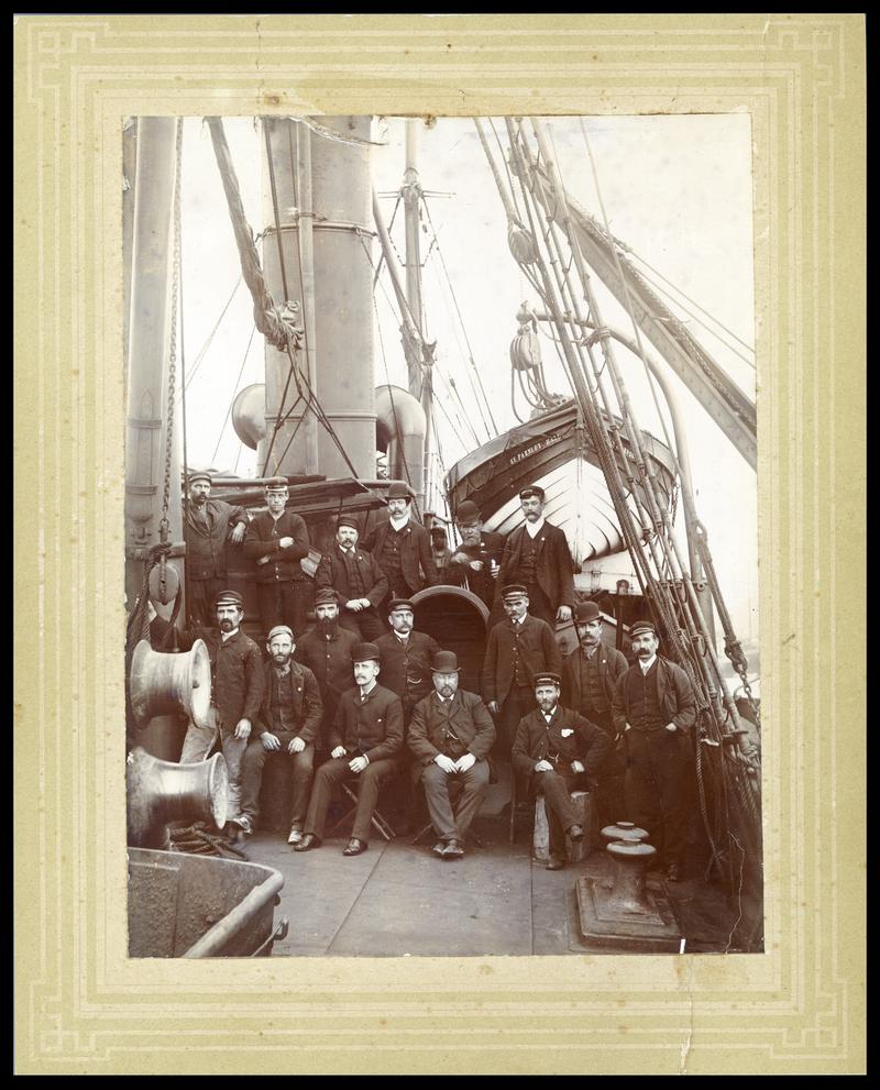 Captain David Jenkins (1857 - 1911) of Aberporth, with crew members of the S.S. FARNLEY HALL seen on the deck of the ship on the occasion of his first command.