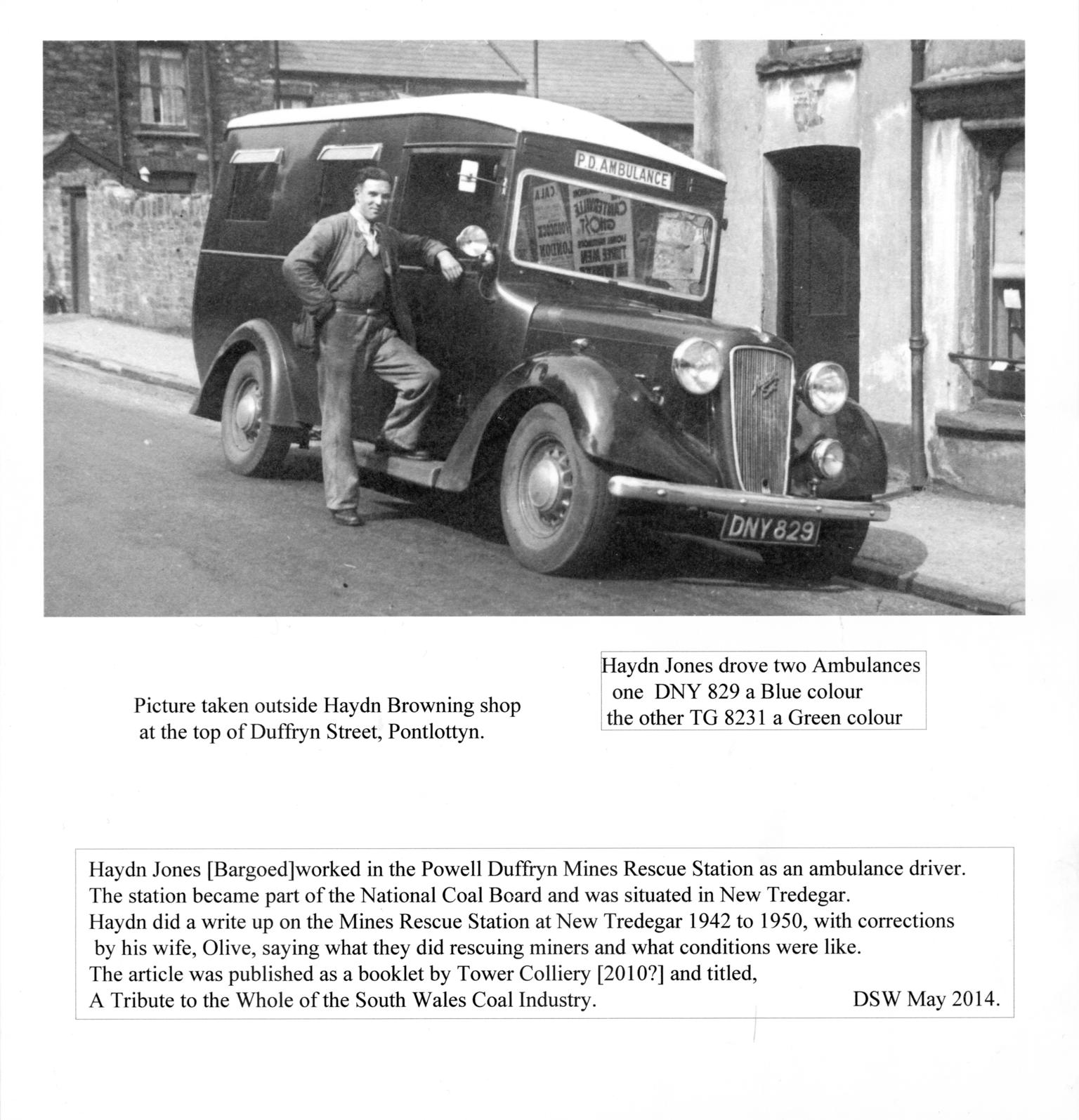 Haydn Jones with Powell Duffryn ambulance, photograph
