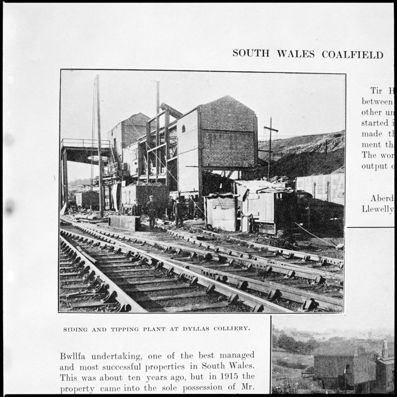 Black and white film negative showing siding and tipping plant at Dyllas Colliery, photographed from a publication. &#039;Dyllas Colliery&#039; is transcribed from original negative bag.