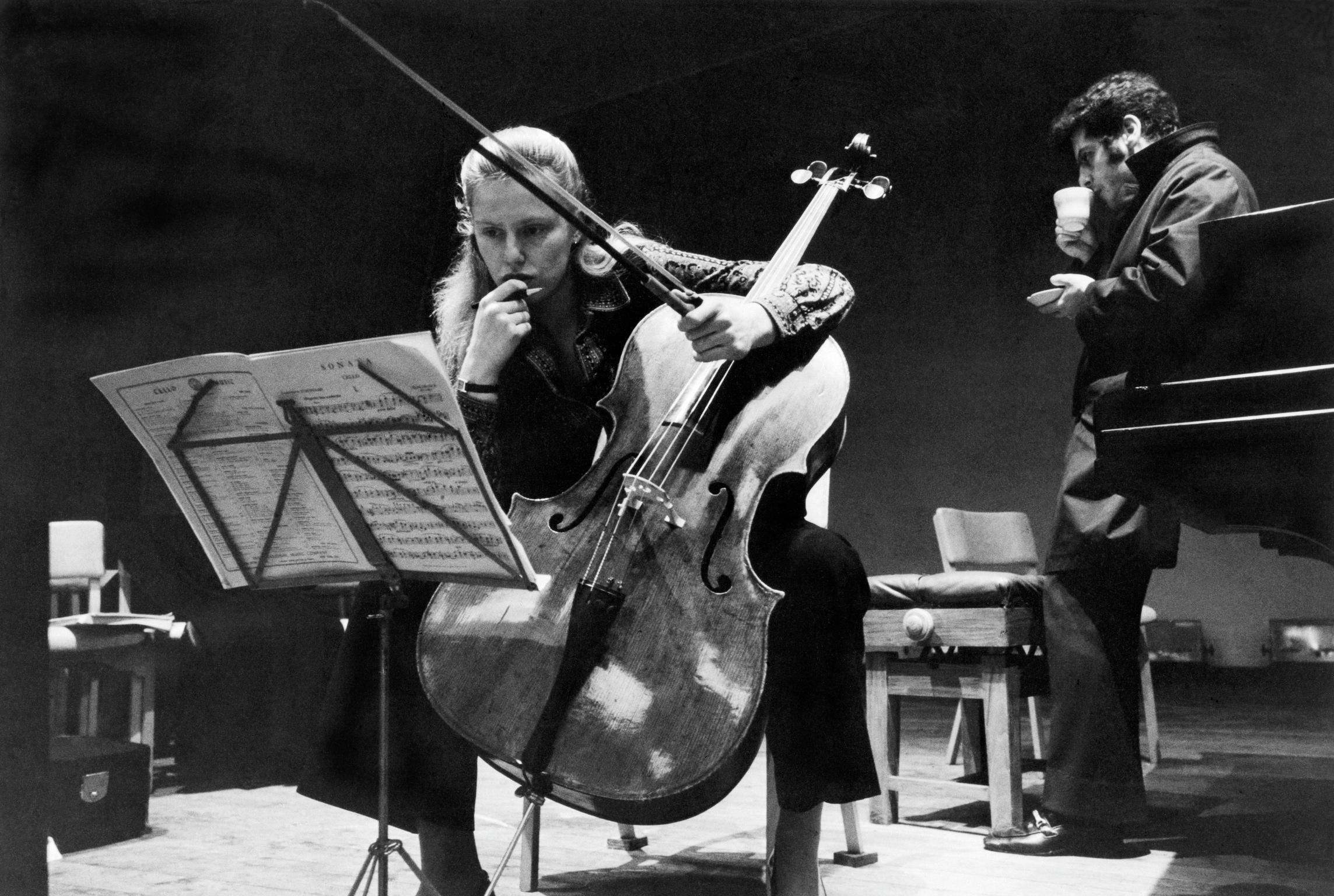 Jacqueline du Pre and Daniel Barenboim at rehersal in the local school hall. Monmouth, Wales