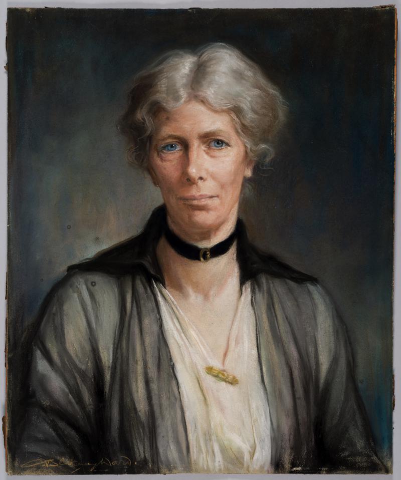Oil painting of Miss Mary Collin, headmistress of the Cardiff High School for Girls (1895-1924), and chair of the Cardiff &amp; District Women&#039;s Suffrage Society. Painted by Mrs C. Blakeney Ward in 1924.