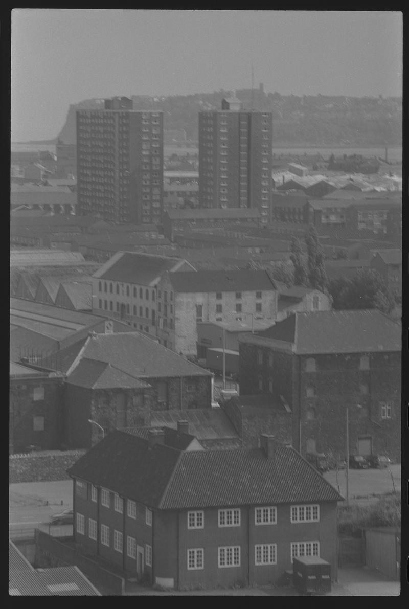 View of Butetown, with Loudoun Square Flats and Tyndall Street in foreground, and Penarth Head in background.