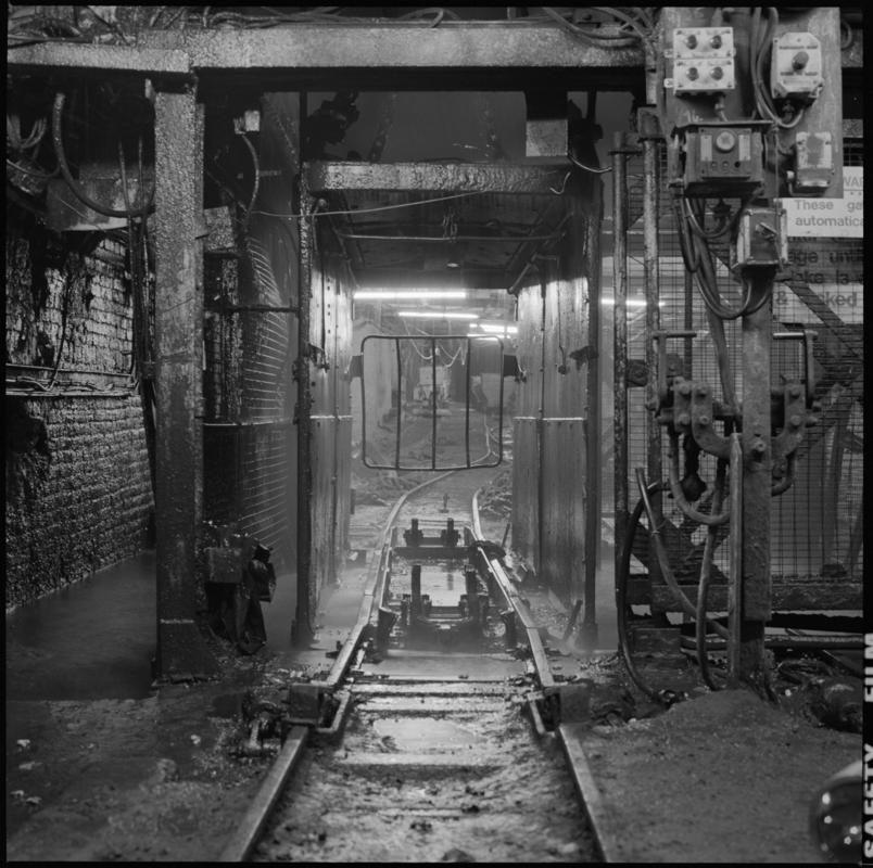 Black and white film negative showing pit bottom, Marine Colliery.  Appears to be identical to 2009.3/2740.