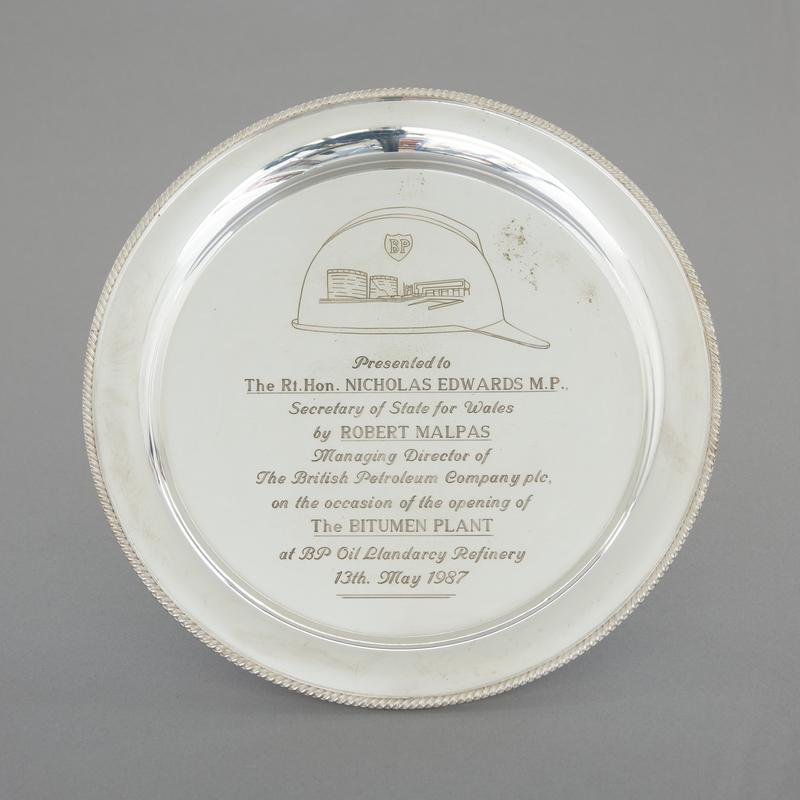 Silver plated plate re opening of bitumen plant at Llandarcy oil refinery