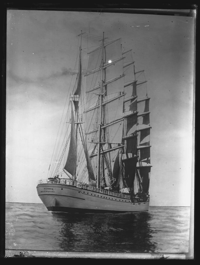 Photograph of a painting showing a stern view of the four-masted barque FENNIA