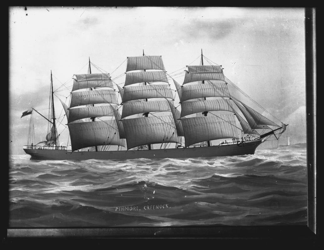 Photograph of a painting showing a starboard broadside view of the three-masted barque PINMORE.