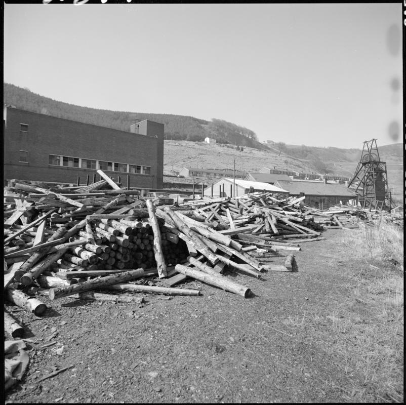 Black and white film negative showing a view of the baths, upast shaft and timber yard, Cwmtillery Colliery.  &#039;Cwmtillery&#039; is transcribed from original negative bag.