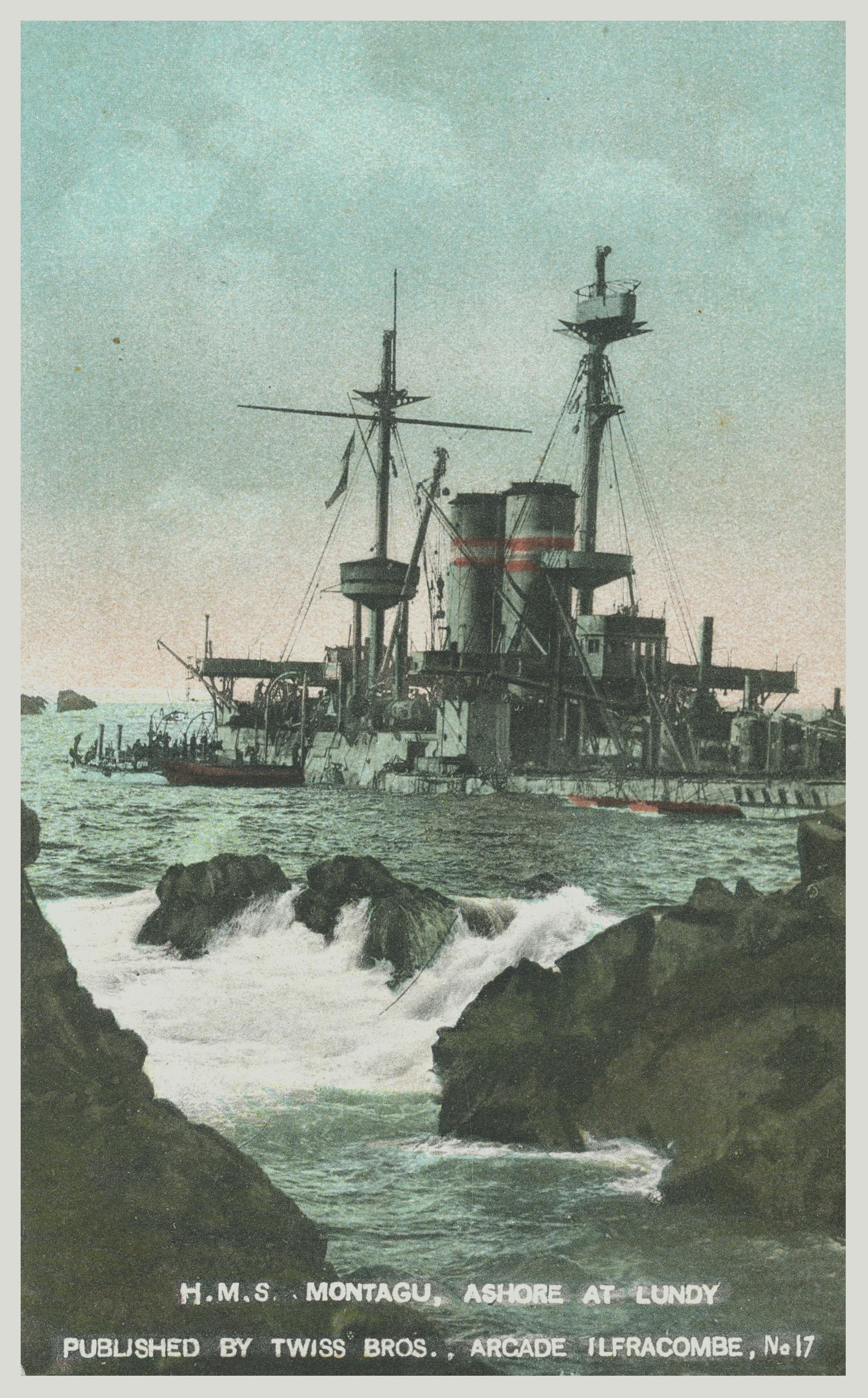 H.M.S. MONTAGU, Ashore at Lundy (postcard)