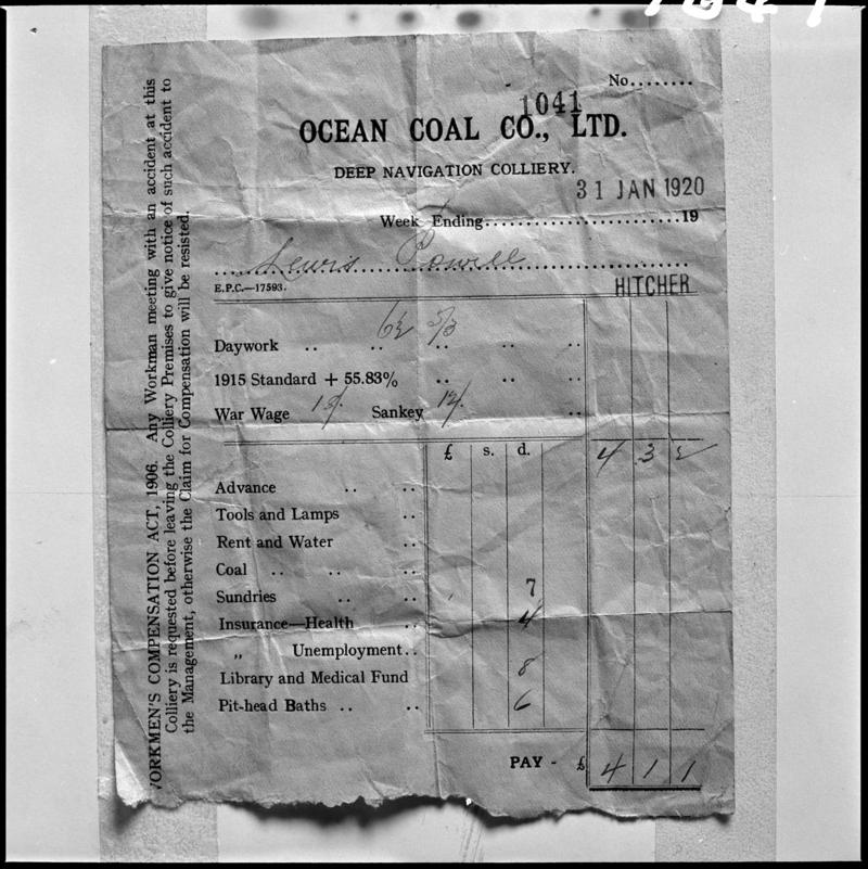 Black and white film negative showing  Lewis Powell&#039;s (Hitcher) wage slip dated 31 January 1920.