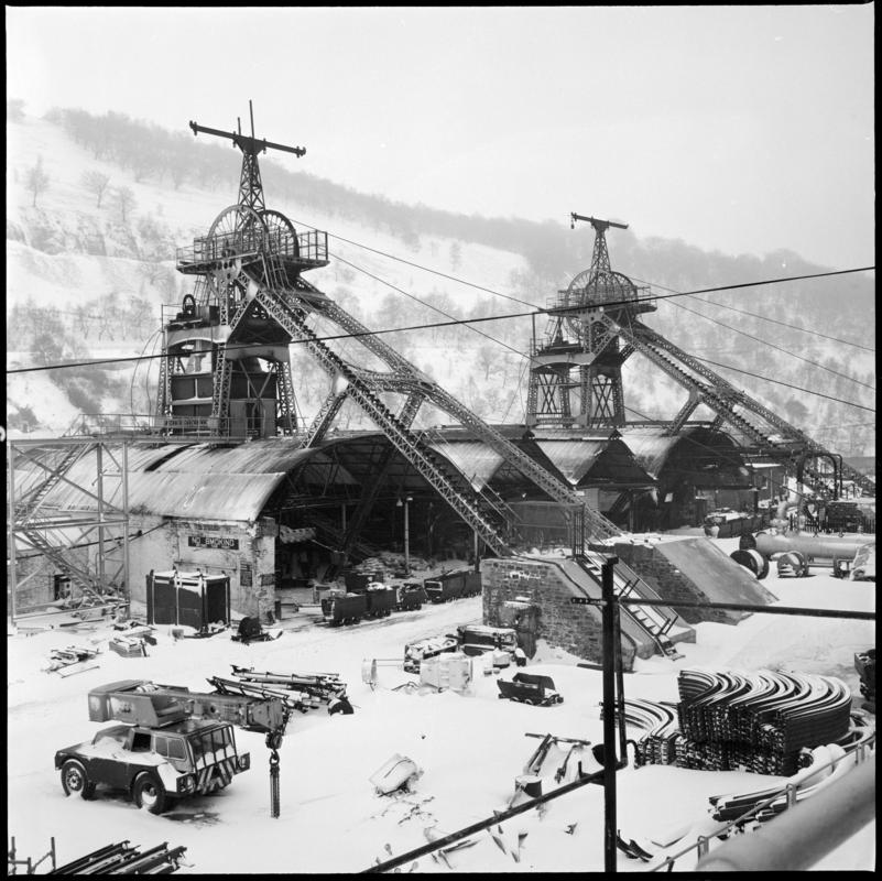 Black and white film negative showing the downcast and upcast headframes, Six Bells Colliery February 1979.  &#039;Six Bells Abertillery Feb 1979&#039; is transcribed from original negative bag.