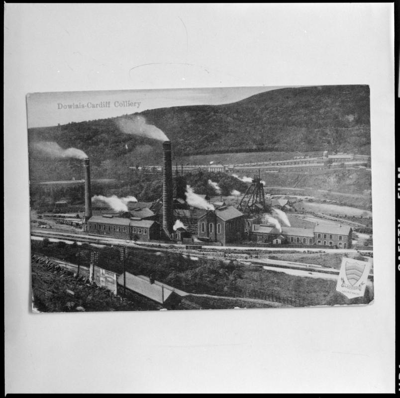 Black and white film negative of a photograph showing a surface view of Abercynon Colliery.  &#039;Abercynon&#039; is transcribed from original negative bag.