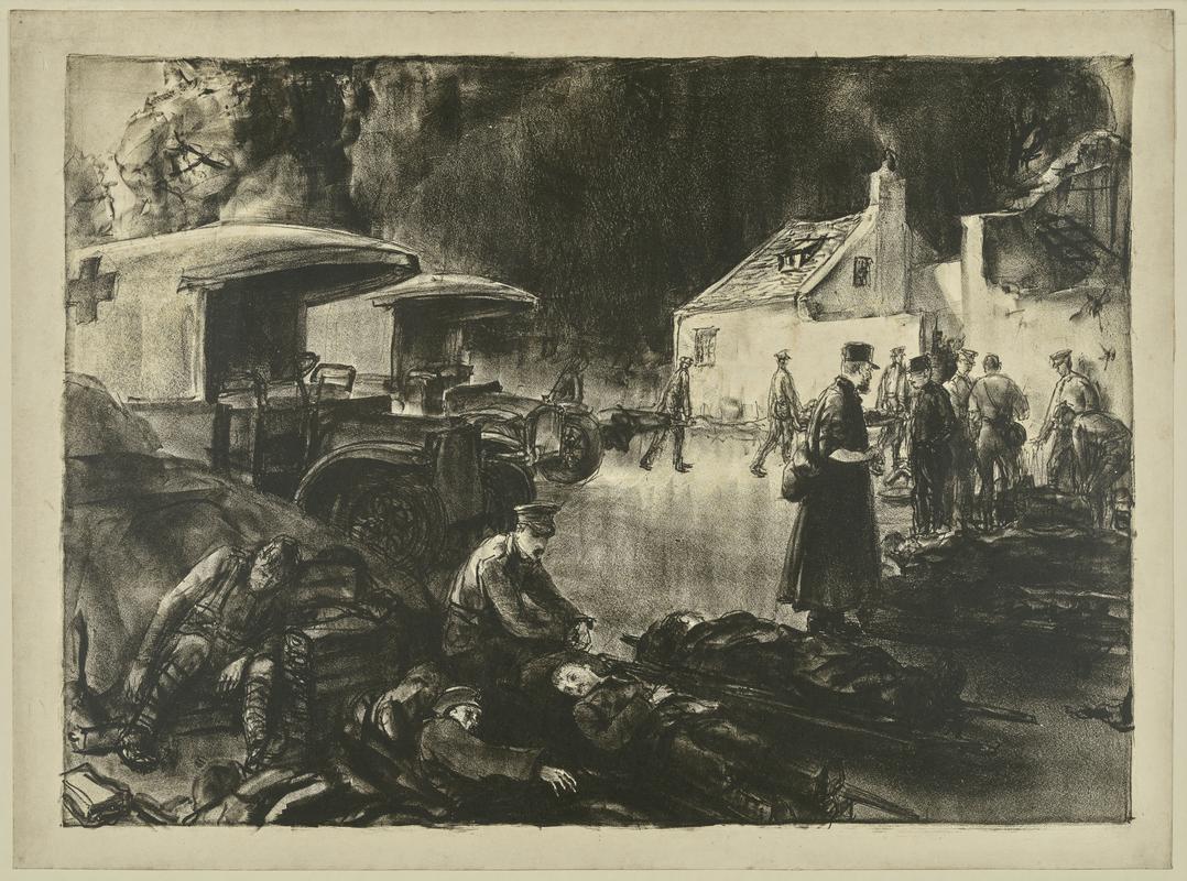 Wounded soldiers on stretchers and ambulances
