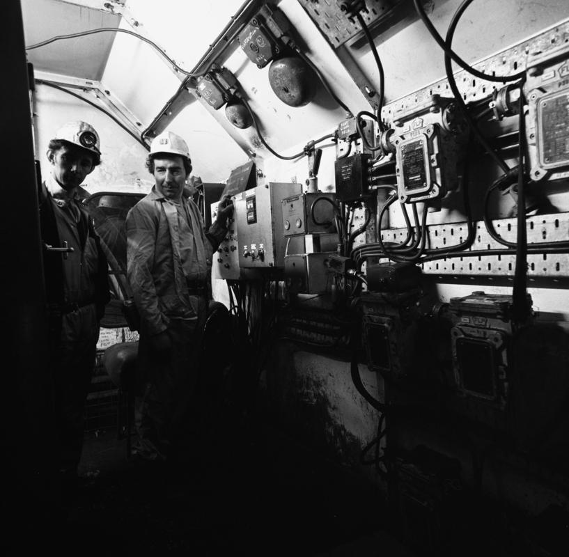 Black and white film negative showing a control room, Oakdale Colliery, May 1980.  &#039;Oakdale May 1980&#039; is transcribed from original negative bag.