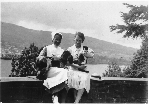Dinorwig Quarry Hospital. Marie Therese Hughes and a maid or nurse (holding the family dog, Tony).