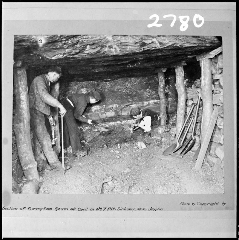 Black and white film negative showing the coal seam at No 7 pit, Sirhowy Colliery.  &#039;No 7 Pit, Sirhowy&#039; is transcribed from original negative bag.