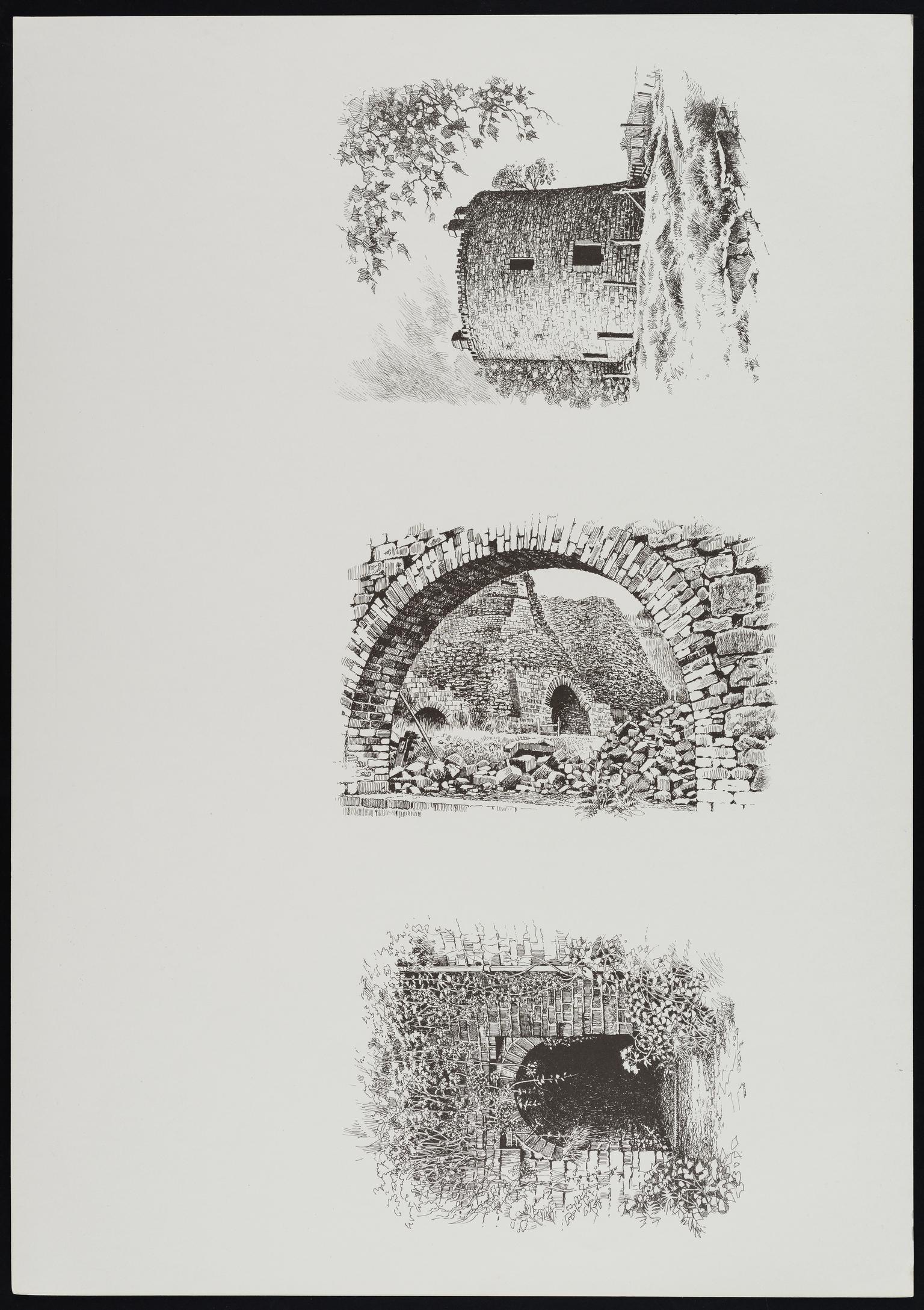 Three black and white prints on one sheet of paper.  Top print shows one of the round towers at Nantyglo. Middle print showing remains of Blaenafon ironworks. Bottom print showing the entrance to the tunnel that passes beneath the canal at Llanfoist Wharf.