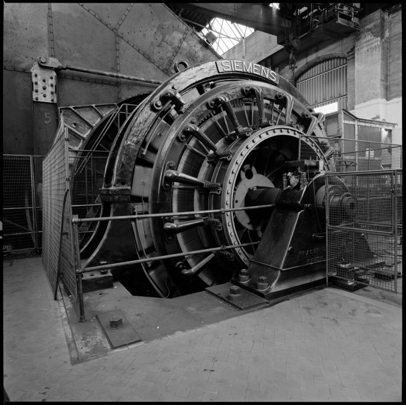 Black and white film negative showing the Siemens Electric winder which was installed at Britannia Colliery in 1910-1914 and worked until the closure of the colliery in 1983.  &#039;Britannia&#039; is transcribed from original negative bag.  Appears to be identical to 2009.3/2269 and 2009.3/2270.