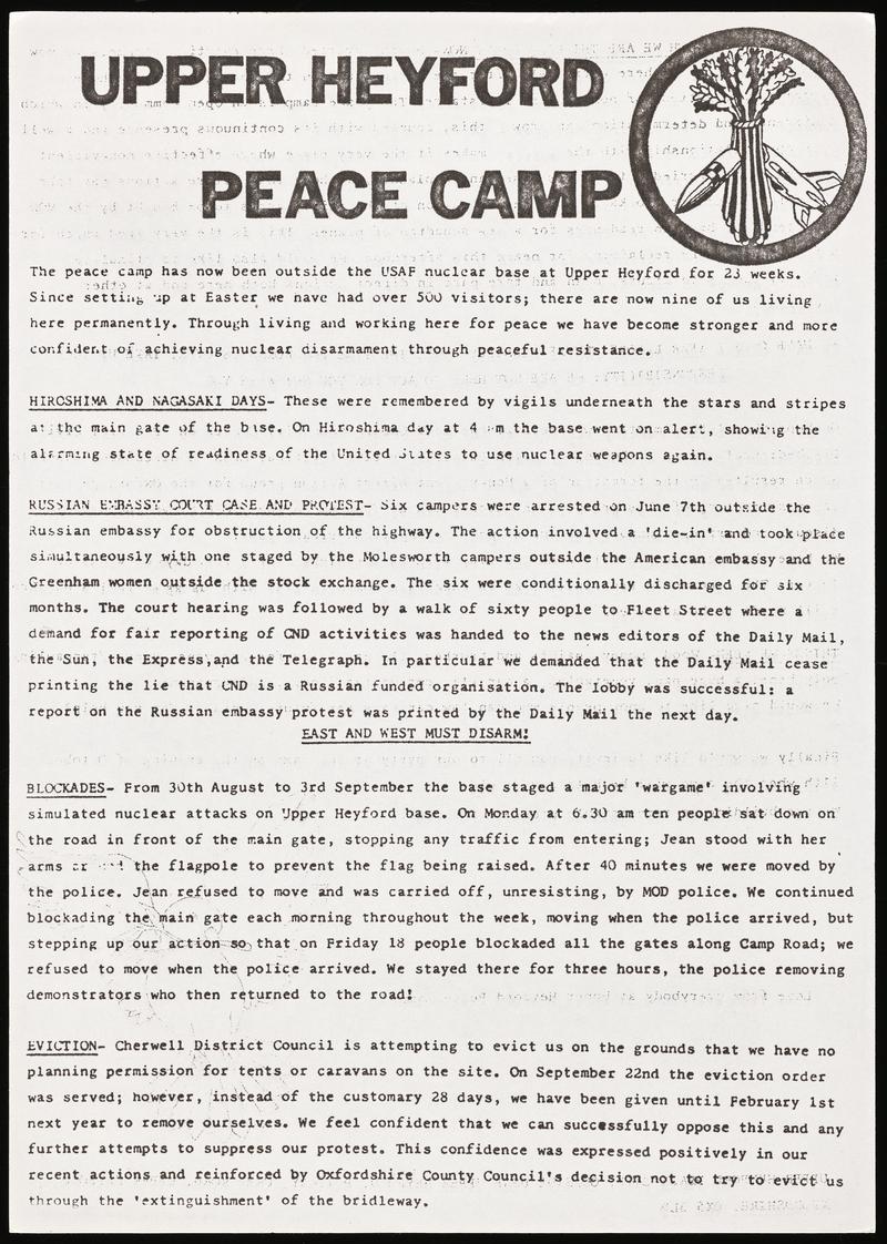 Double sided flyer Upper Heyford Peace Camp.