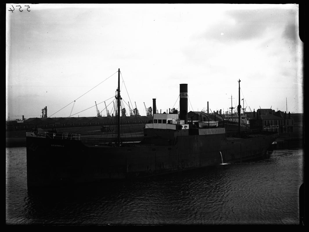 3/4 port bow view of S.S. BRAMWELL at Cardiff Docks, c.1936.