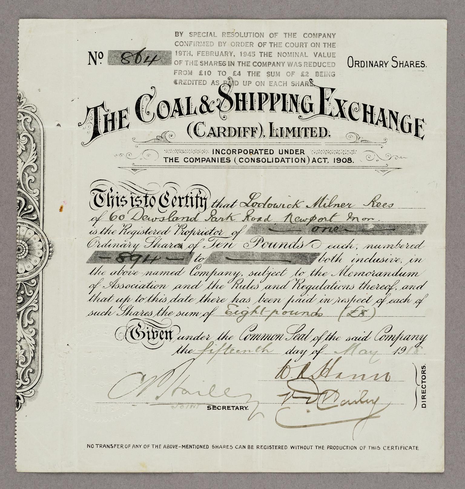 Coal & Shipping Exchange (Cardiff) Ltd, share certificate