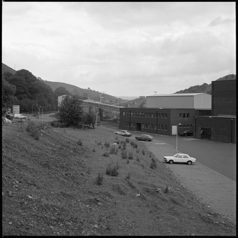 Black and white film negative showing Trelewis Mine offices with Taff Merthyr Colliery in the background.  &#039;Trelewis&#039; is transcribed from original negative bag.
