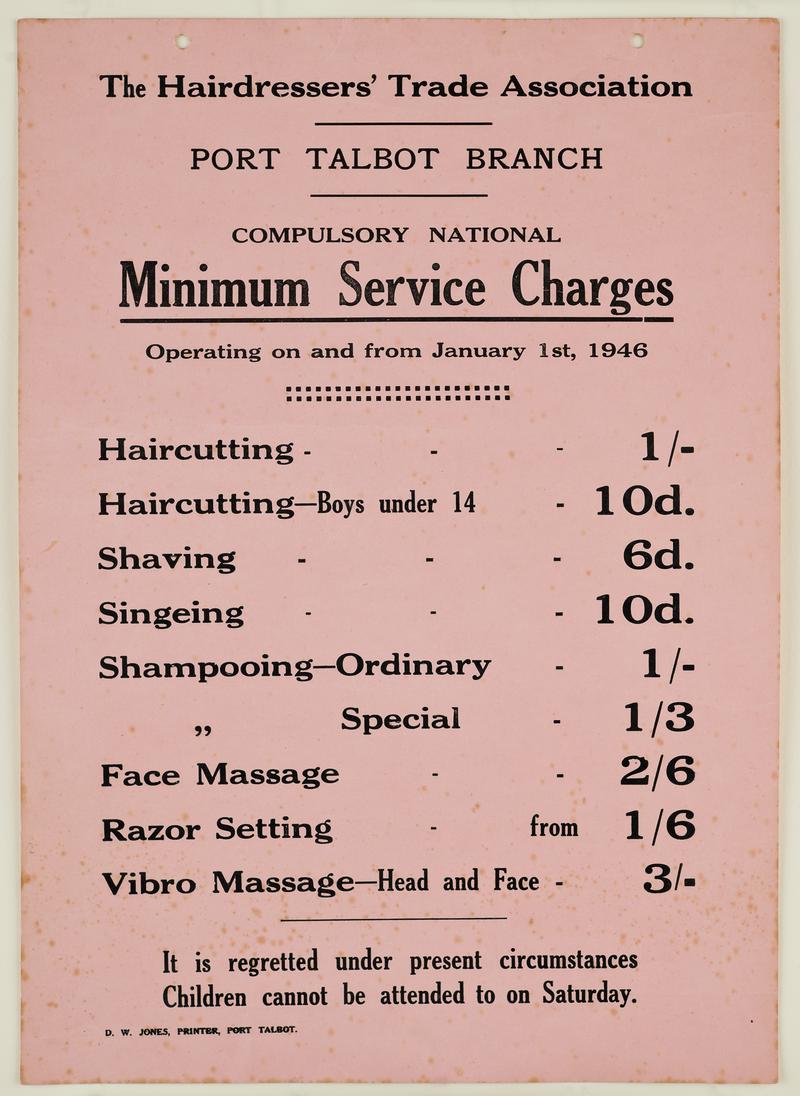 Price list from Ivor Williams&#039; salon in Taibach, Port Talbot