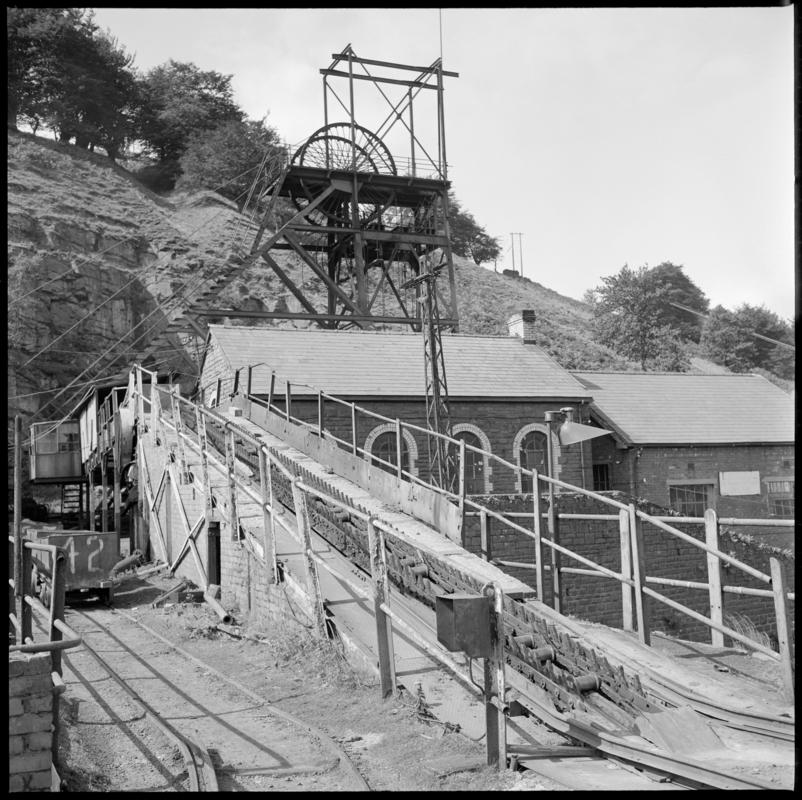 Black and white film negative showing a surface view of Blaenserchan Colliery, 22 August 1975.  &#039;Blaenserchan 22/8/75&#039; is transcribed from original negative bag.