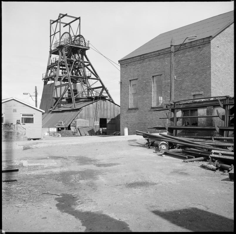 Black and white film negative showing the headgear and winding engine house, Big Pit Colliery 1975.  &#039;Blaenavon Big Pit 1975&#039; is transcribed from original negative bag.