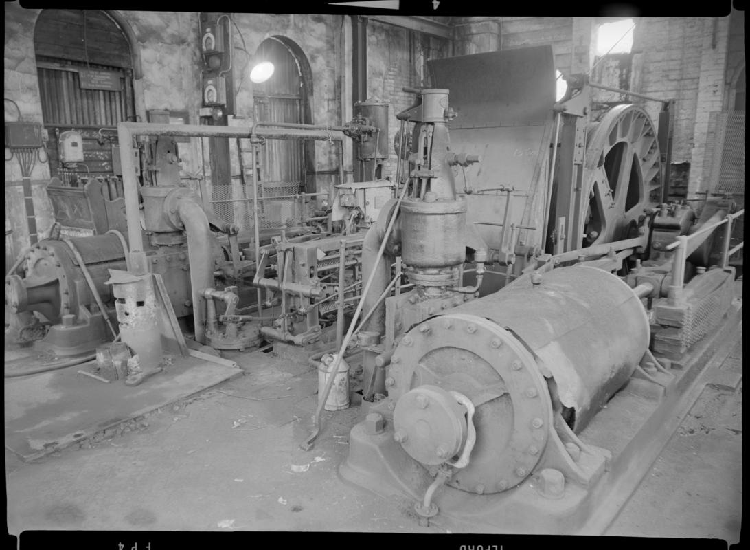 Black and white film negative showing a horizontal  steam winding engine on the Coedcae shaft, Lewis Merthyr Colliery 1968.