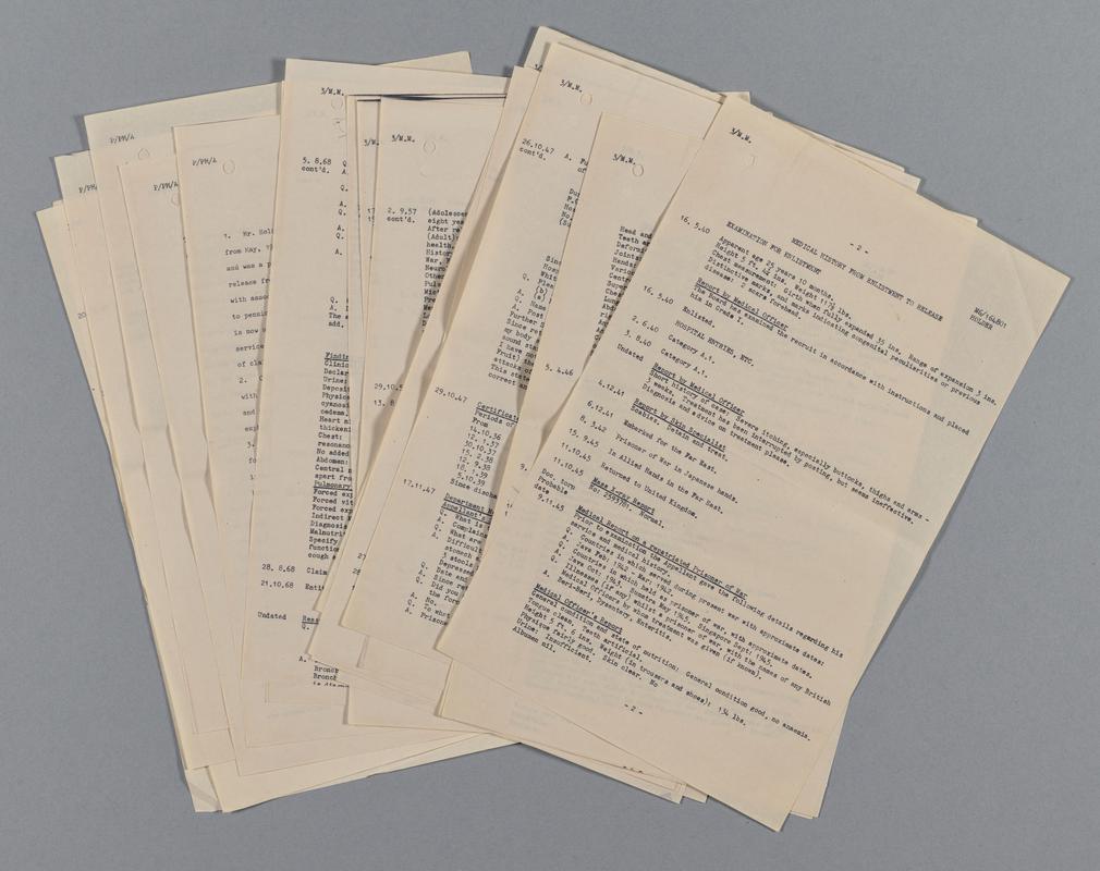 Typed notes &#039;Medical History from Enlistment to Release&#039;- Ronald Holder collection - Group shot of pages