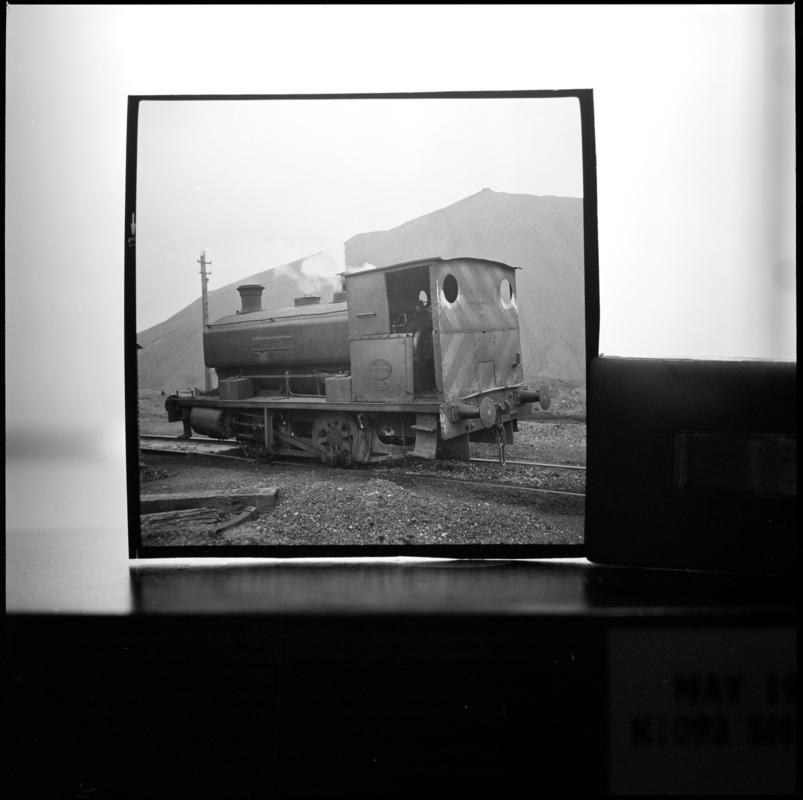 Black and white film negative showing an Andrew Barclay locomotive at Blaenavon.  &#039;Loco Blaenavon&#039; is transcribed from original negative bag.