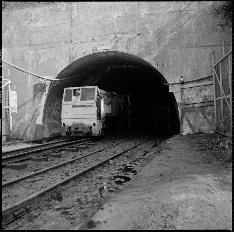 Black and white film negative showing an electric locomotive leaving the mine. &#039;Blaengwrach&#039; is transcribed from original negative bag.  Similar to 2009.3/2442, 2009.3/2443 and 2009.3/2445.