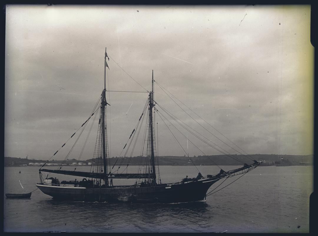 Starboard broadside view of two masted schooner, possibly ROSCOVITE, Cardiff,  c.1936.