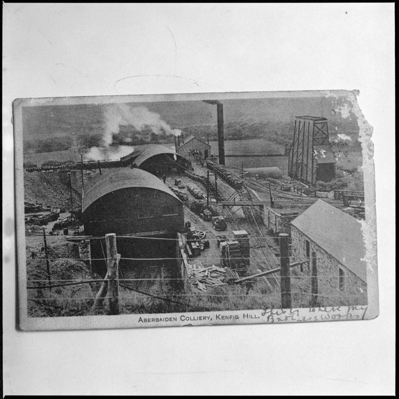 Black and white film negative of a photograph showing a surface view of Aberbaiden Colliery.  &#039;Aberbaiden&#039; is transcribed from original negative bag.