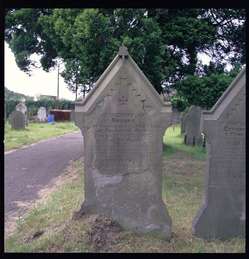 Gravestone of Robert Rogers, victim of the Tynewydd Colliery Disaster of 1877, at St. Davids church, Hopkinstown.