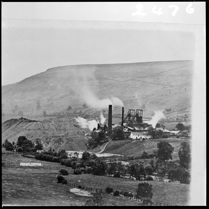 Black and white film negative of a photograph showing a surface view of a Rhymney Merthyr Colliery, Pontlottyn.  &#039;Pontlottyn&#039; is transcribed from original negative bag.