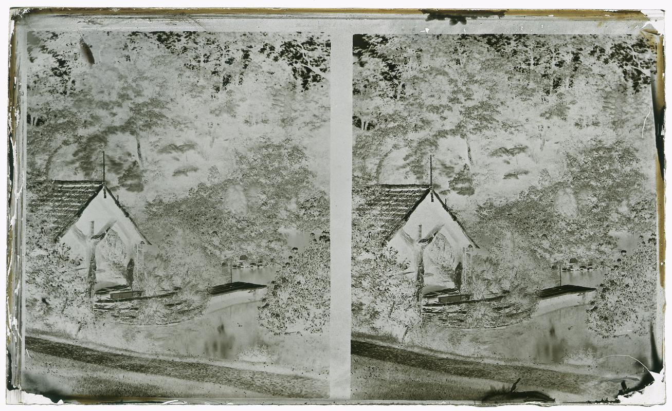 Penllergare, shanty on upper lake, stereo negative