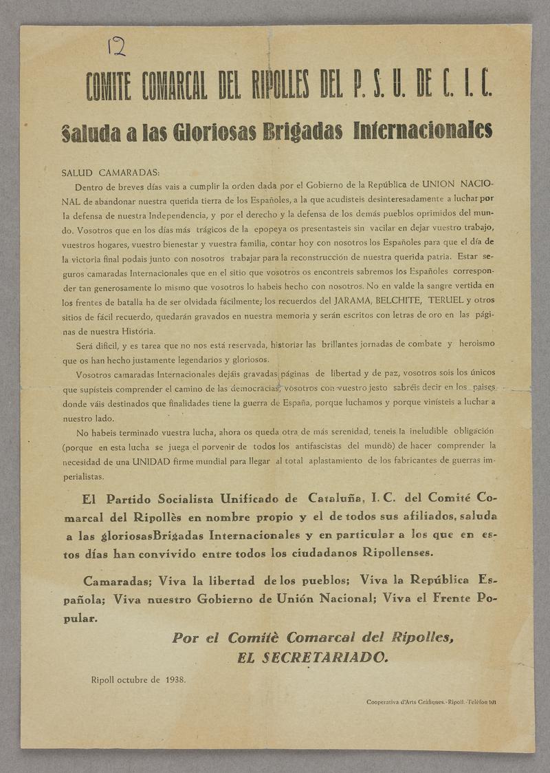 Handbill &#039;saluting the International Brigades&#039;?. (needs translation). Black print on paper. Dated October 1938.