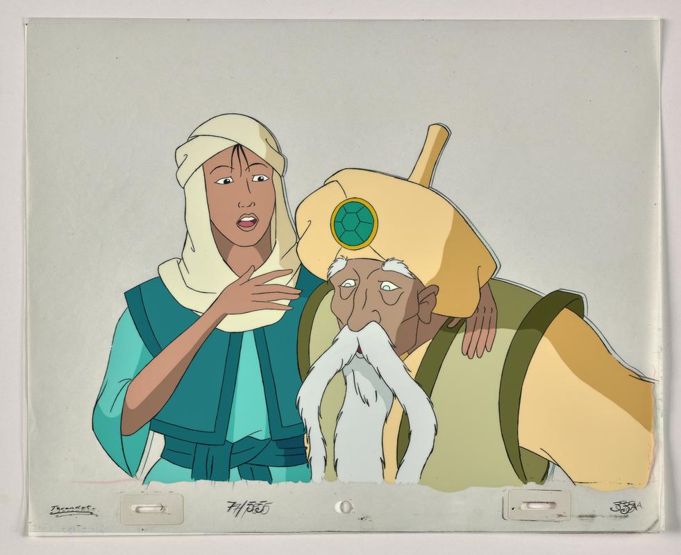Turandot animation production artwork showing the characters Liu and Temur. Sketch on paper overlaid with cellulose acetate.