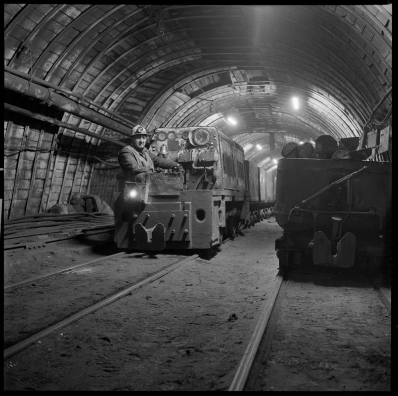 Black and white film negative of a photograph showing an electric locomotive, underground at Abercynon Colliery. 1978.  &#039;Abercynon 1978&#039; is transcribed from original negative bag.