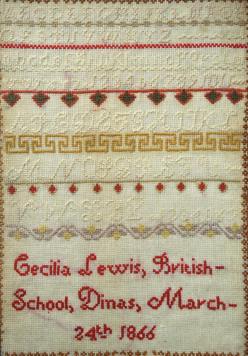 Sampler (school &amp; alphabet), made in Dinas, 1866