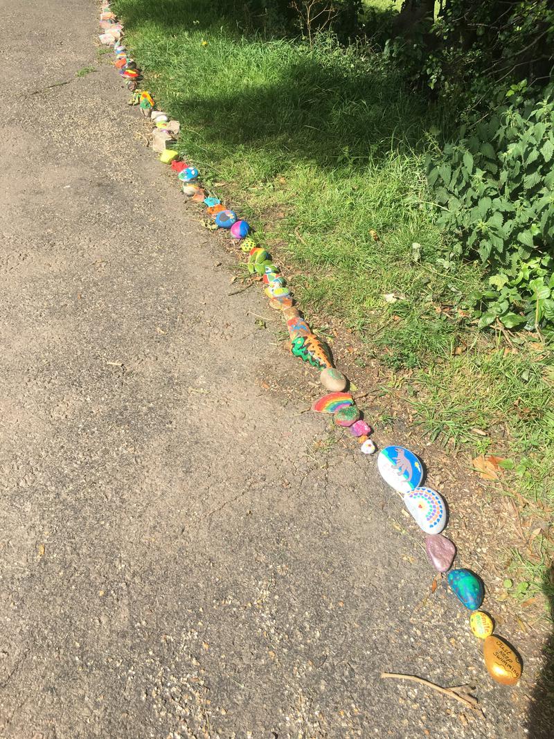 A line of painted pebbles in Castle Dell, Chepstow, Monmouthshire.