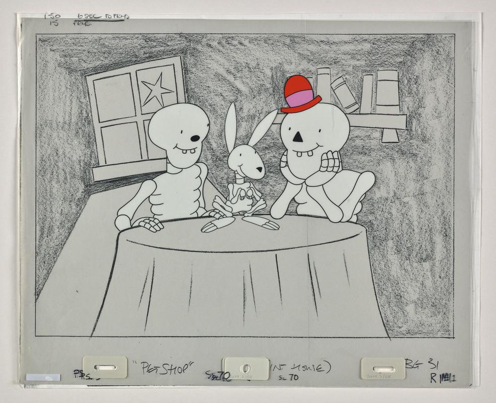 Funny Bones animation production artwork from episode &#039;Pet Shop&#039; showing the characters Little, Big and a rabbit. Paper background overlaid with three sheets of cellulose acetate.