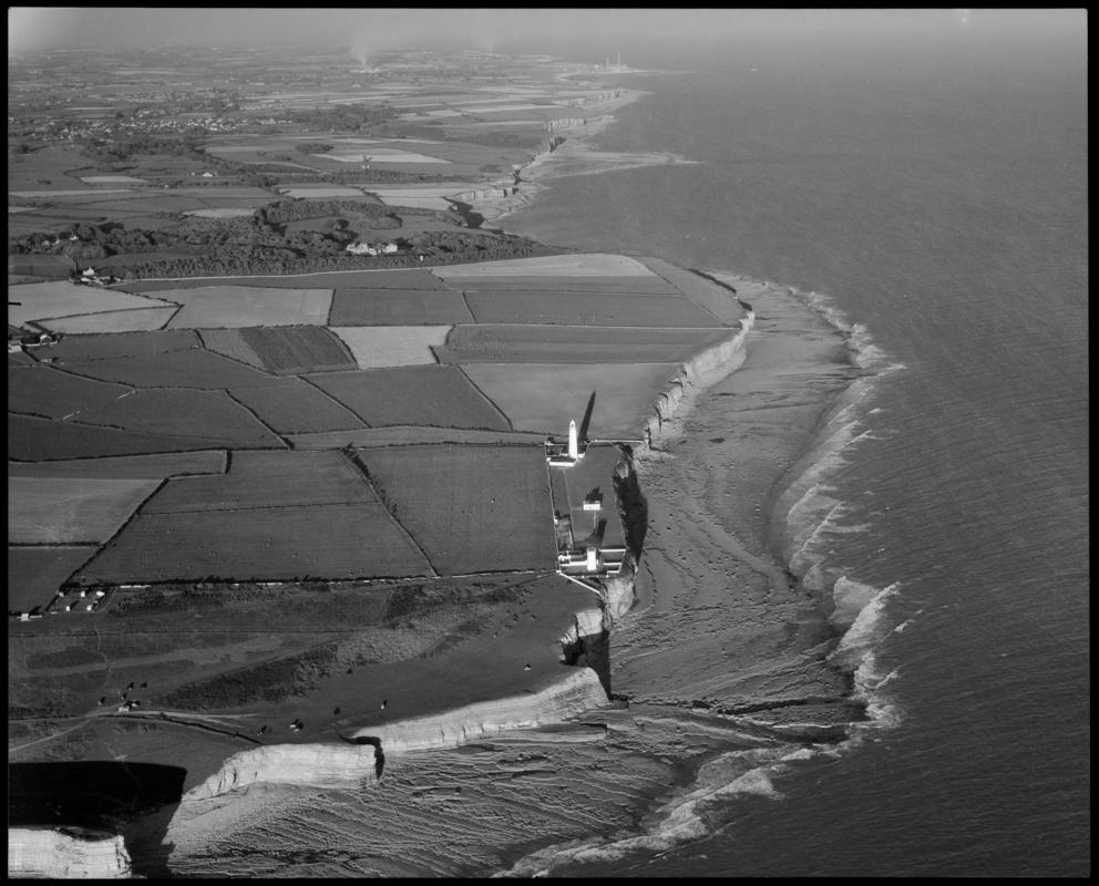 Aerial view of Nash Point lighthouse and the Marcross coastline, Vale of Glamorgan.