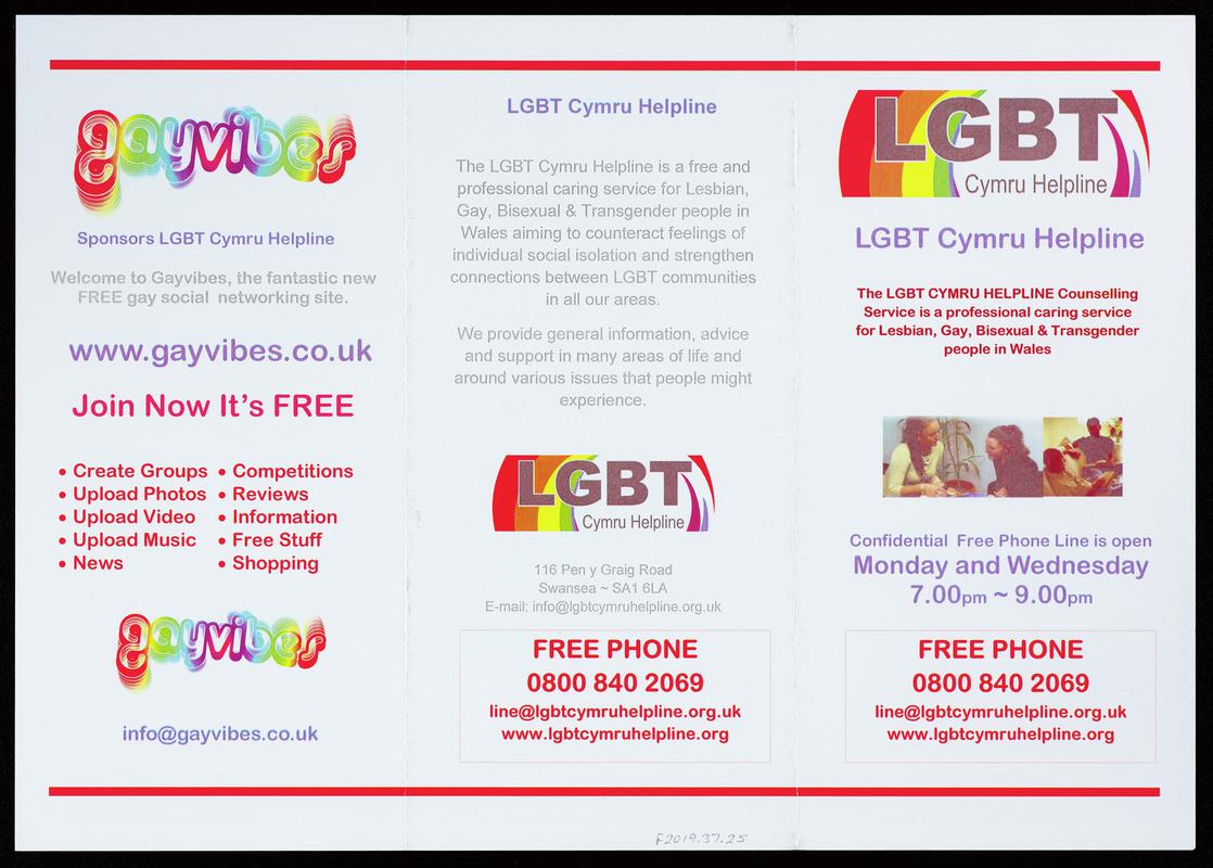 Leaflet for LGBT Cymru Helpline. The LGBT Cymru Helpline Counselling Service is a professional caring service for Lesbian, Gay, Bisexual &amp; Transgender people in Wales.